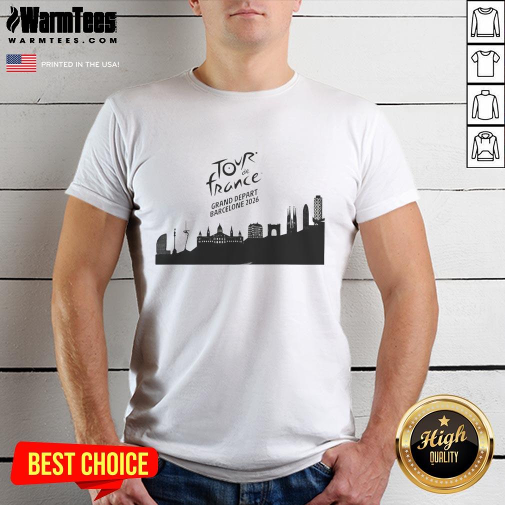 Premium Tour De France Grand Depart Barcelone 2026 Skyline T-Shirt featuring iconic Barcelona skyline design.