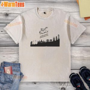 Alt Text: Premium Tour de France Grand Depart Barcelona 2026 Skyline washed t-shirt featuring a vibrant city skyline design.