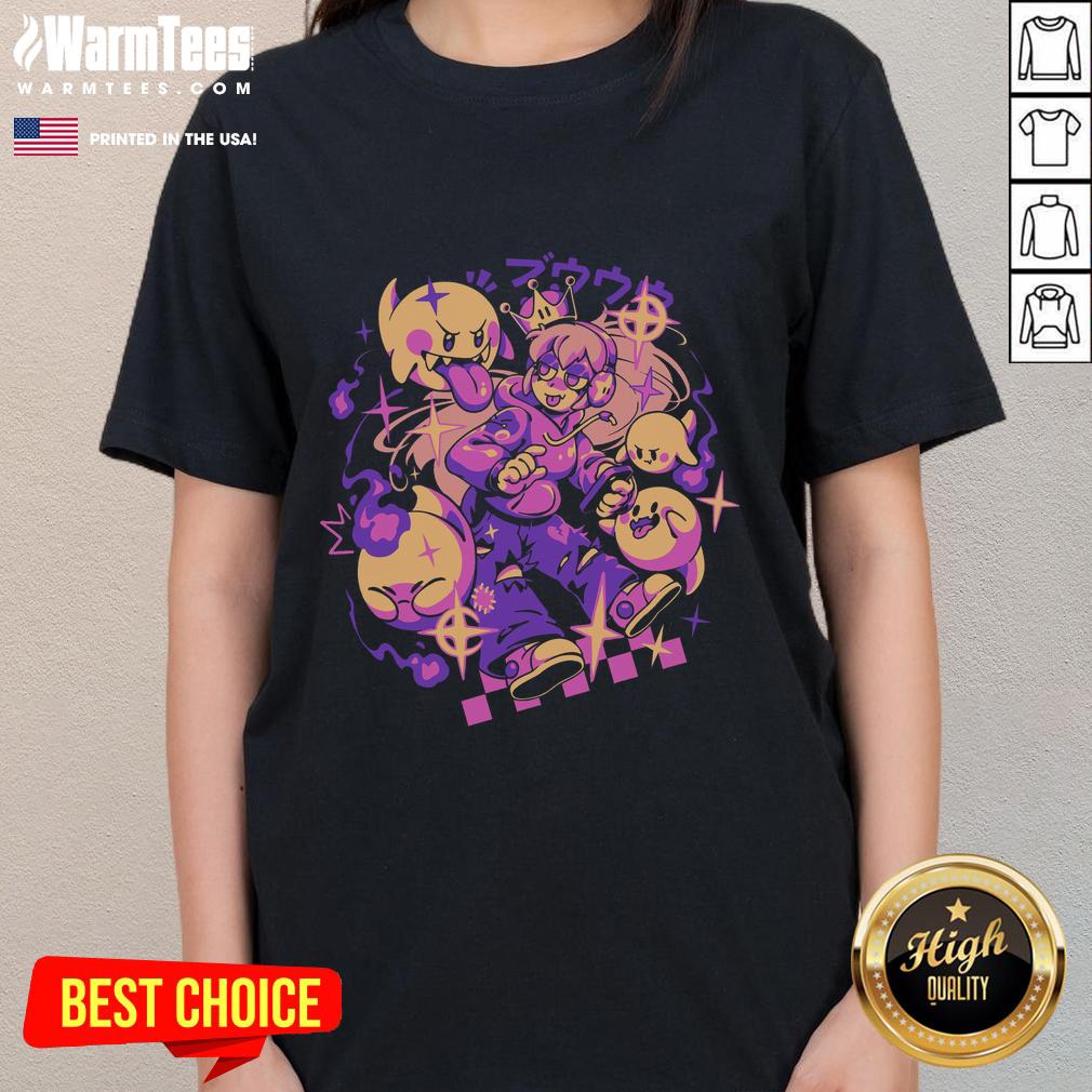 Pretty Ghost Princess Gamer Boo in retro anime style on a vaporwave tee for ladies, perfect for gaming enthusiasts.