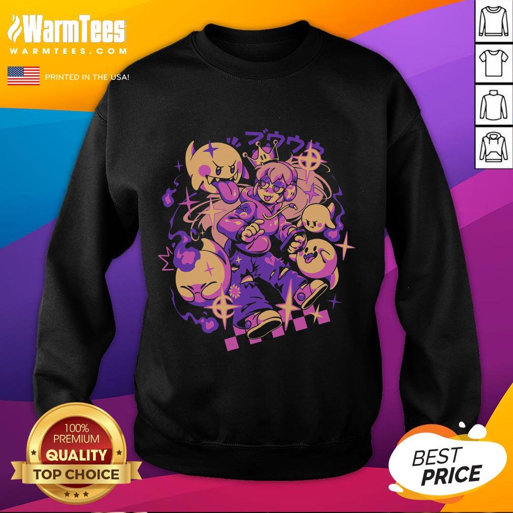 Pretty Ghost Princess Gamer Boo in retro anime style on a vaporwave sweatshirt, perfect for gaming enthusiasts.