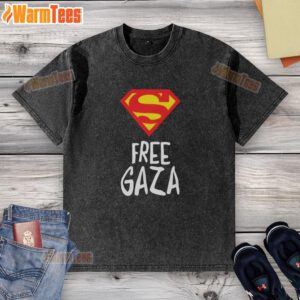Alt Text: Pretty Superman Free Gaza washed t-shirt featuring a vibrant graphic design supporting peace in Gaza.