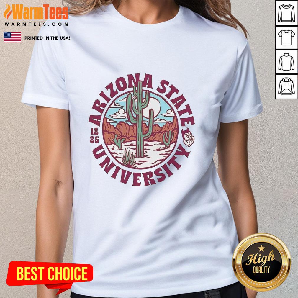 Arizona State Sun Devils football logo on a ladies tee, celebrating Arizona State University established in 1885.