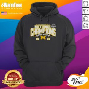 Alt Text: Top Michigan Wolverines 2025 NCAA Men's Gymnastics National Champions hoodie in navy blue with team logo.