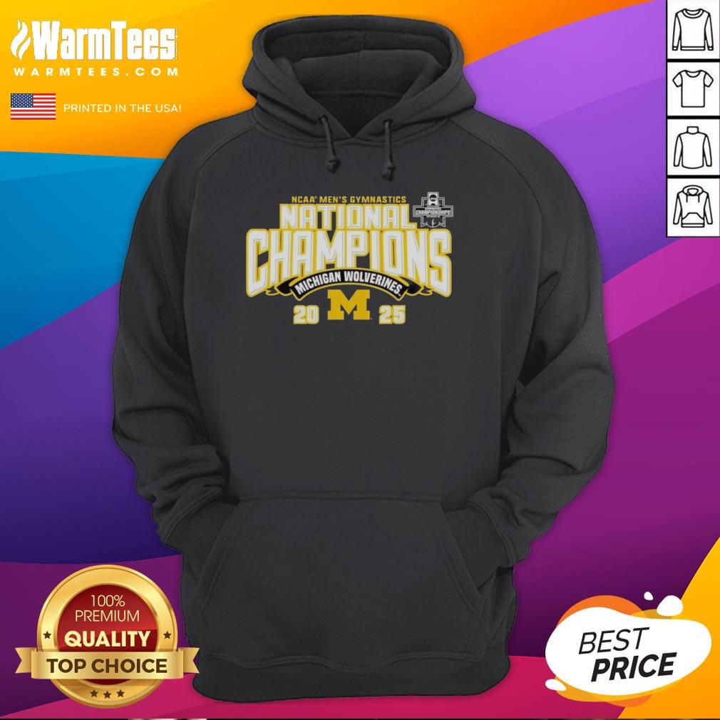 Alt Text: Top Michigan Wolverines 2025 NCAA Men's Gymnastics National Champions hoodie in navy blue with team logo.