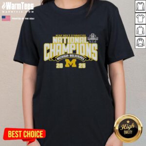 Top Michigan Wolverines 2025 NCAA Men's Gymnastics National Champions Ladies Tee showcasing team pride and victory.
