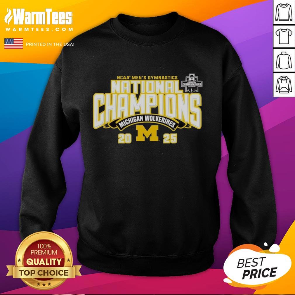 Alt Text: Top Michigan Wolverines 2025 NCAA Men's Gymnastics National Champions sweatshirt in navy blue with bold logo.