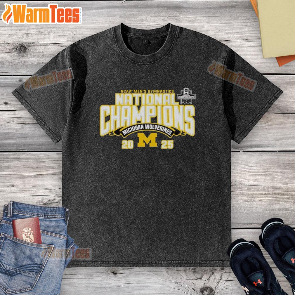 Top Michigan Wolverines 2025 NCAA Men's Gymnastics National Champions washed t-shirt in blue and maize colors.