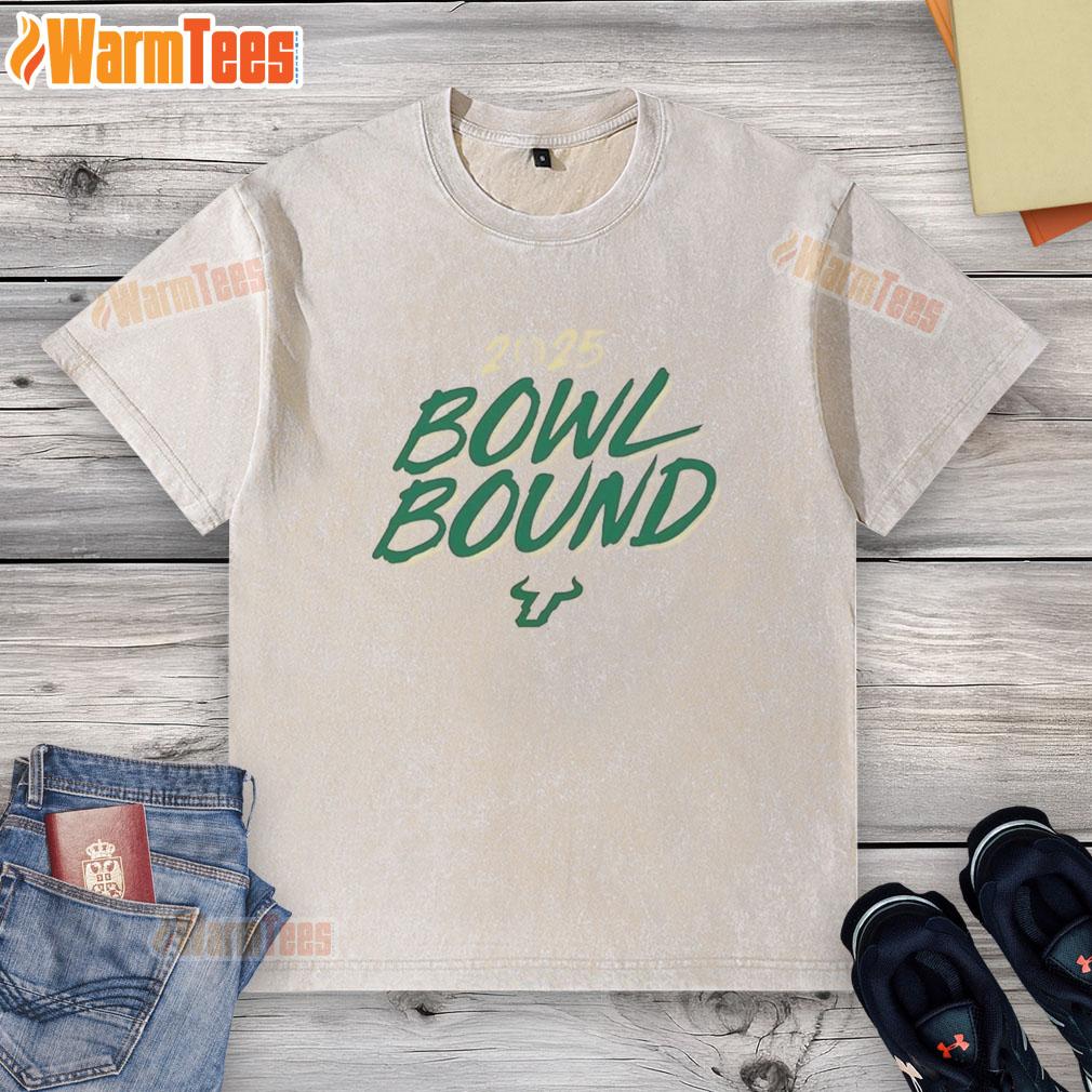 Alt Text: Top South Florida Bulls Bowl Bound 2025 washed t-shirt featuring team logo and vibrant colors, perfect for fans.
