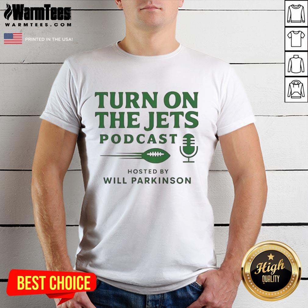 Top Turn On The Jets Podcast T-Shirt featuring bold logo and vibrant colors, perfect for fans of the Jets podcast.