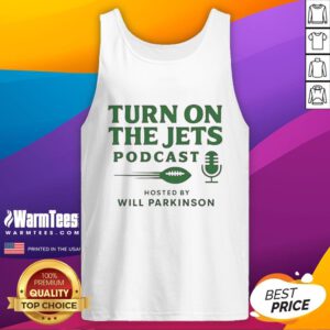 Top Turn On The Jets Podcast tank top featuring logo design, perfect for fans of the Jets and podcast enthusiasts.