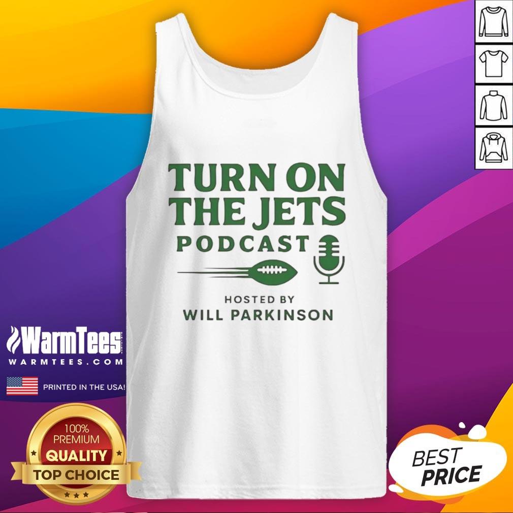 Top Turn On The Jets Podcast tank top featuring logo design, perfect for fans of the Jets and podcast enthusiasts.