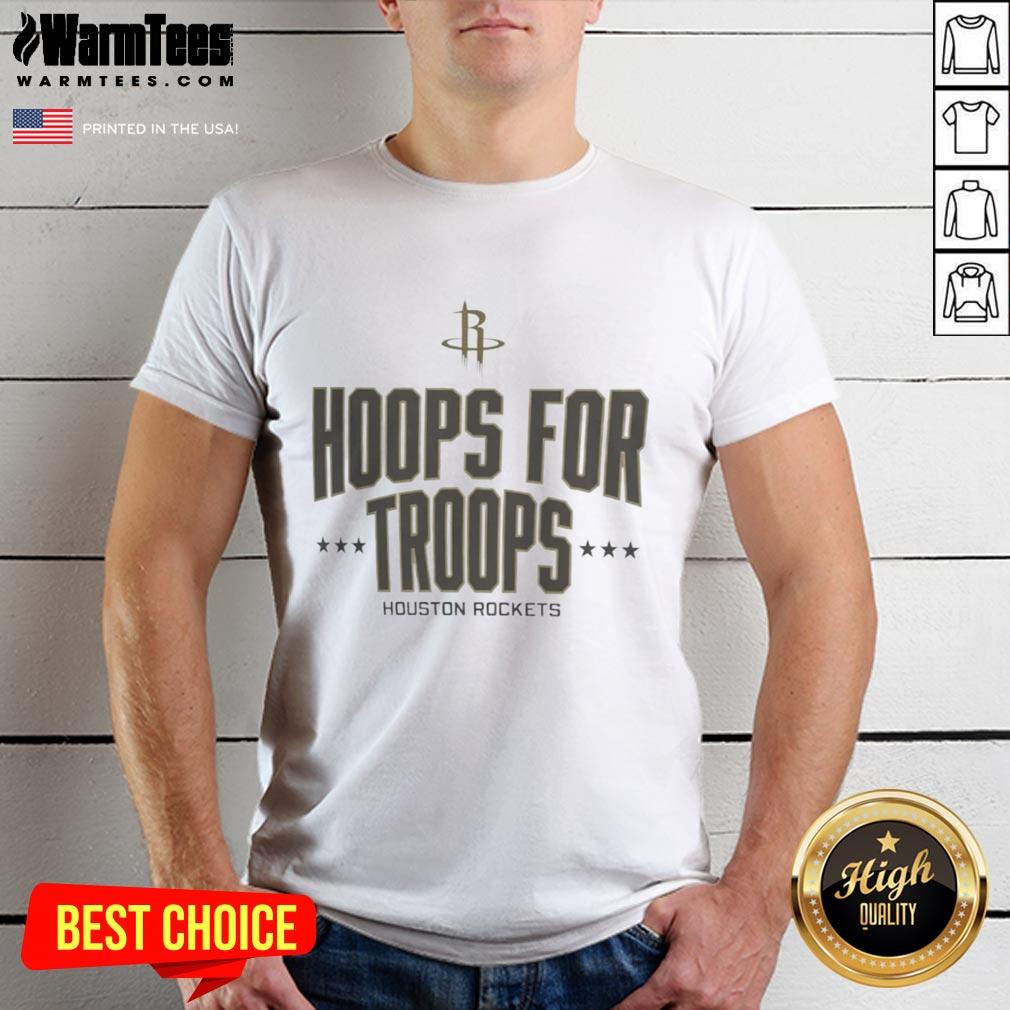 Awesome Hoops For Troops Houston Rockets Basketball T-Shirt featuring team colors and logo, perfect for fans and supporters.