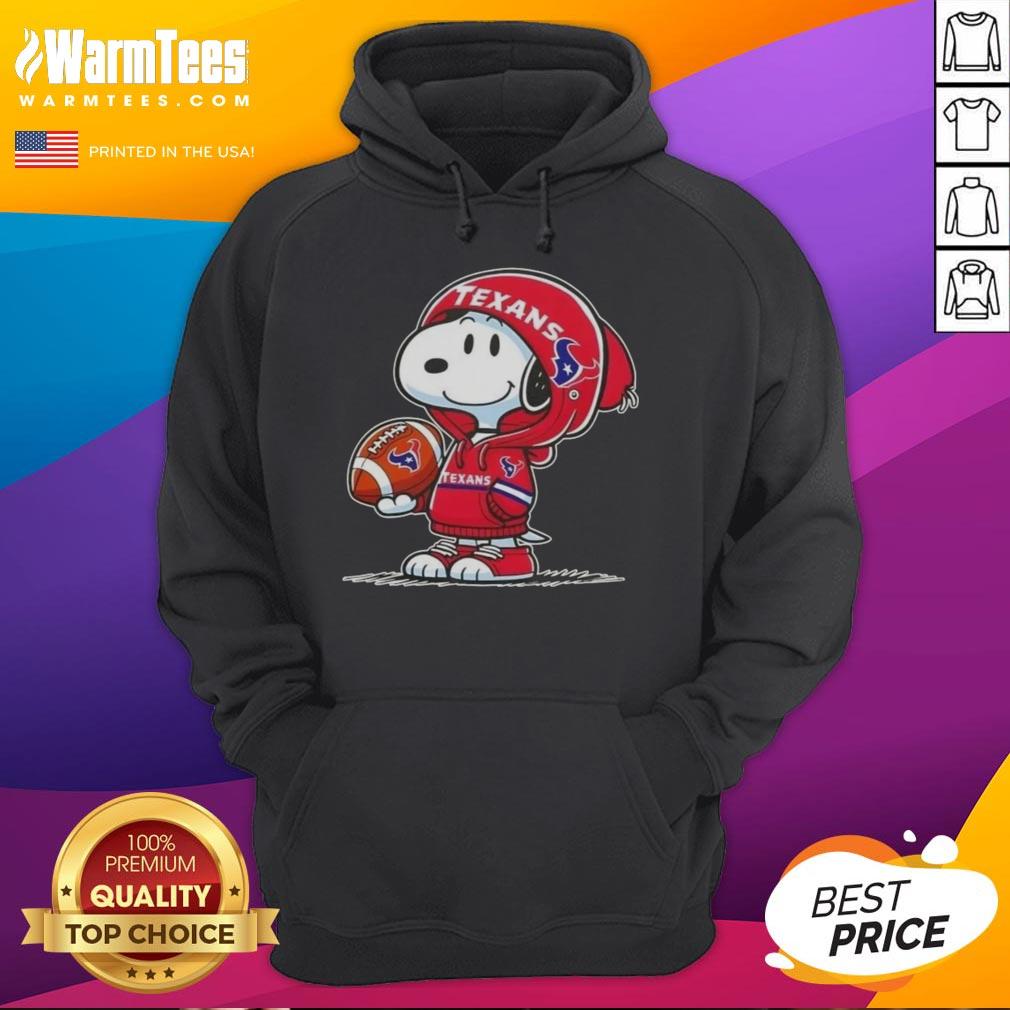 Cute Peanuts Snoopy wearing a Houston Texans hoodie, smiling at fans in a fun, vibrant setting.