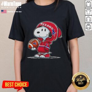 Cute Peanuts Snoopy in a Houston Texans hoodie, smiling at fans on a ladies' tee, perfect for NFL team spirit.