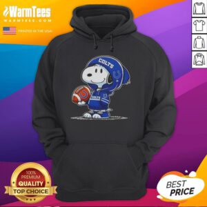 Cute Peanuts Snoopy wearing Indianapolis Colts hoodie, smiling at fans, showcasing team spirit and charm.