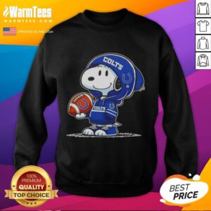 Cute Peanuts Snoopy wearing an Indianapolis Colts hoodie, smiling at fans in a cozy sweatshirt.