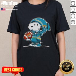 Cute Peanuts Snoopy in a Jacksonville Jaguars hoodie, smiling at fans on a ladies tee design.