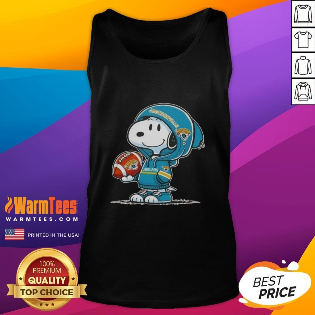 Cute Peanuts Snoopy wearing a Jacksonville Jaguars hoodie and smiling at fans on a tank top design.
