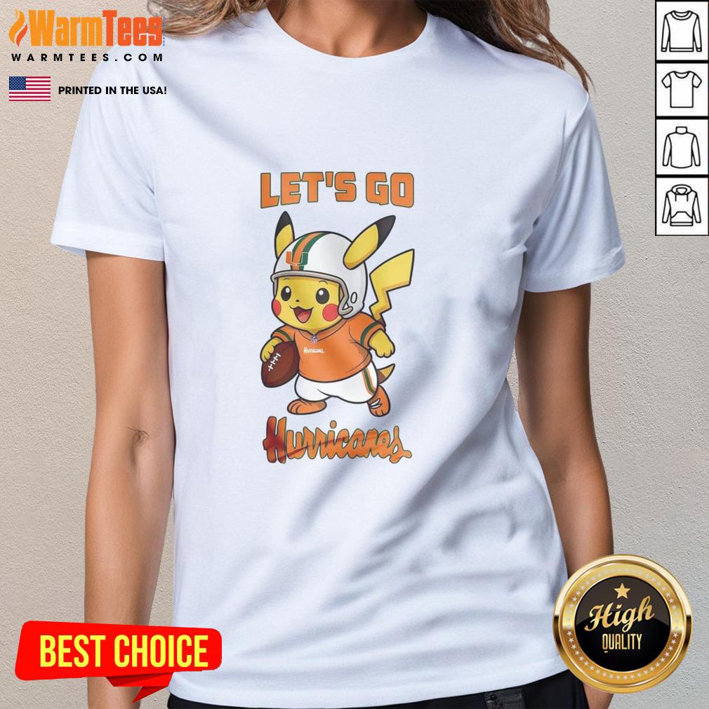 Good Miami Hurricanes X Pikachu Let's Go ladies tee featuring vibrant graphics and a stylish design for fans.
