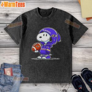 Good Peanuts Snoopy in Baltimore Ravens hoodie smiling at fans on a washed t-shirt, showcasing playful team spirit.