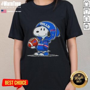 Alt Text: Snoopy in a Buffalo Bills hoodie smiles at fans, featured on a ladies' tee showcasing good peanuts design.