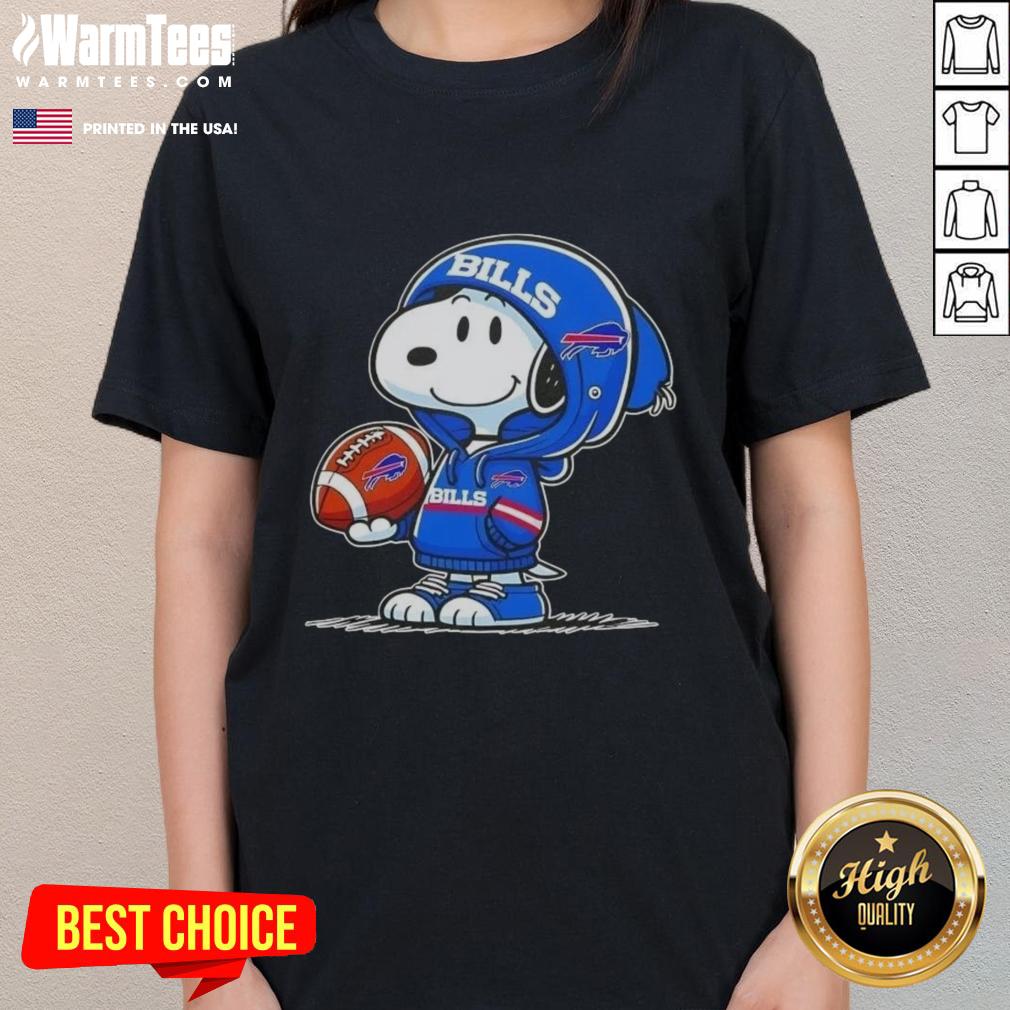 Alt Text: Snoopy in a Buffalo Bills hoodie smiles at fans, featured on a ladies' tee showcasing good peanuts design.