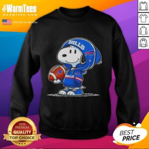 Snoopy in a Buffalo Bills hoodie smiles at fans, showcasing the Good Peanuts sweatshirt design.