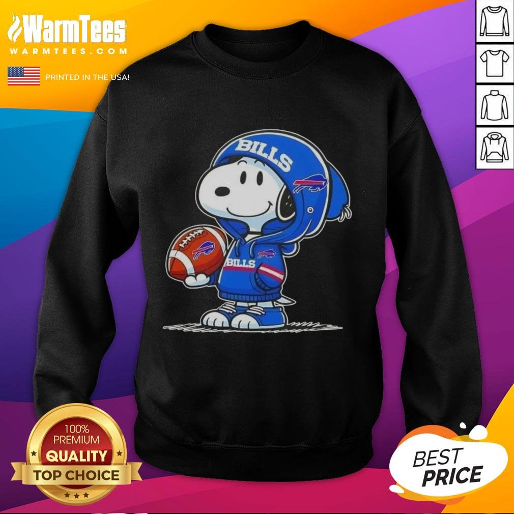 Snoopy in a Buffalo Bills hoodie smiles at fans, showcasing the Good Peanuts sweatshirt design.