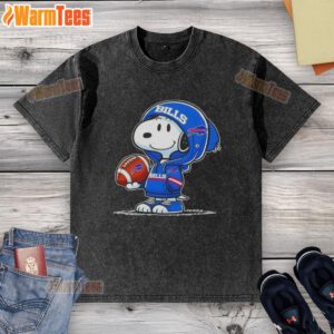 Alt Text: Snoopy in a Buffalo Bills hoodie smiles at fans, showcasing a washed t-shirt featuring Good Peanuts design.