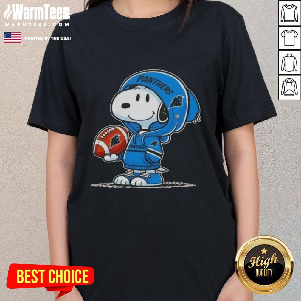 Alt Text: Snoopy in a Carolina Panthers hoodie smiles at fans on a ladies tee featuring good peanuts design.