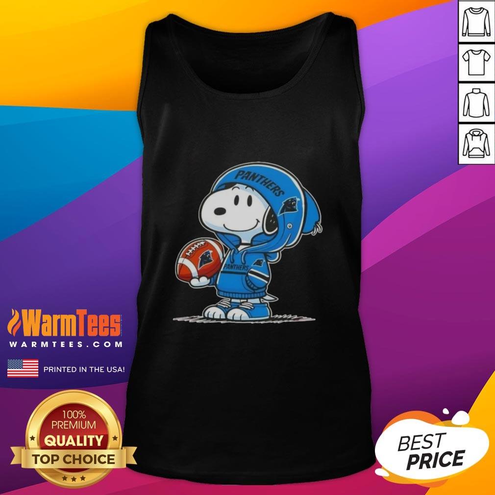 Snoopy wearing a Carolina Panthers hoodie smiles at fans, featured on a 'Good Peanuts' tank top design.