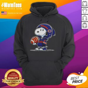Snoopy wearing a Chicago Bears hoodie smiles at fans, showcasing his love for football and good peanuts.