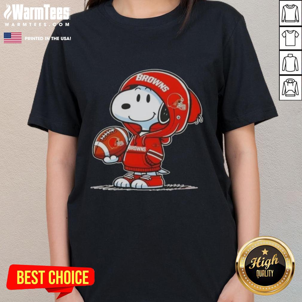Snoopy wearing a Cleveland Browns hoodie smiles at fans, showcasing a Good Peanuts design on a ladies tee.