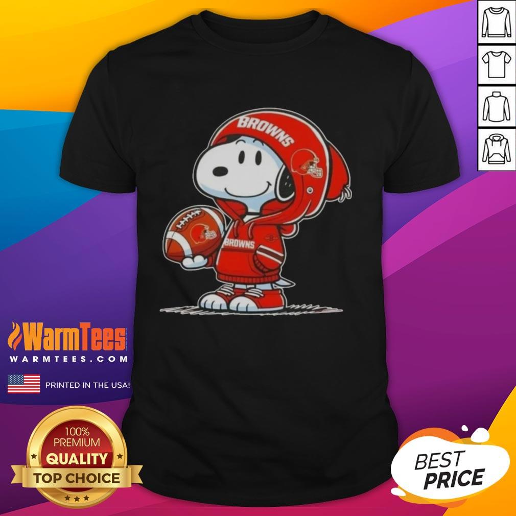 Good Peanuts Snoopy wearing a Cleveland Browns hoodie, smiling at fans on a fun t-shirt design.