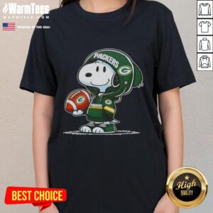 Good Peanuts Snoopy wearing a Green Bay Packers hoodie, smiling at fans on a ladies tee, perfect for NFL enthusiasts.