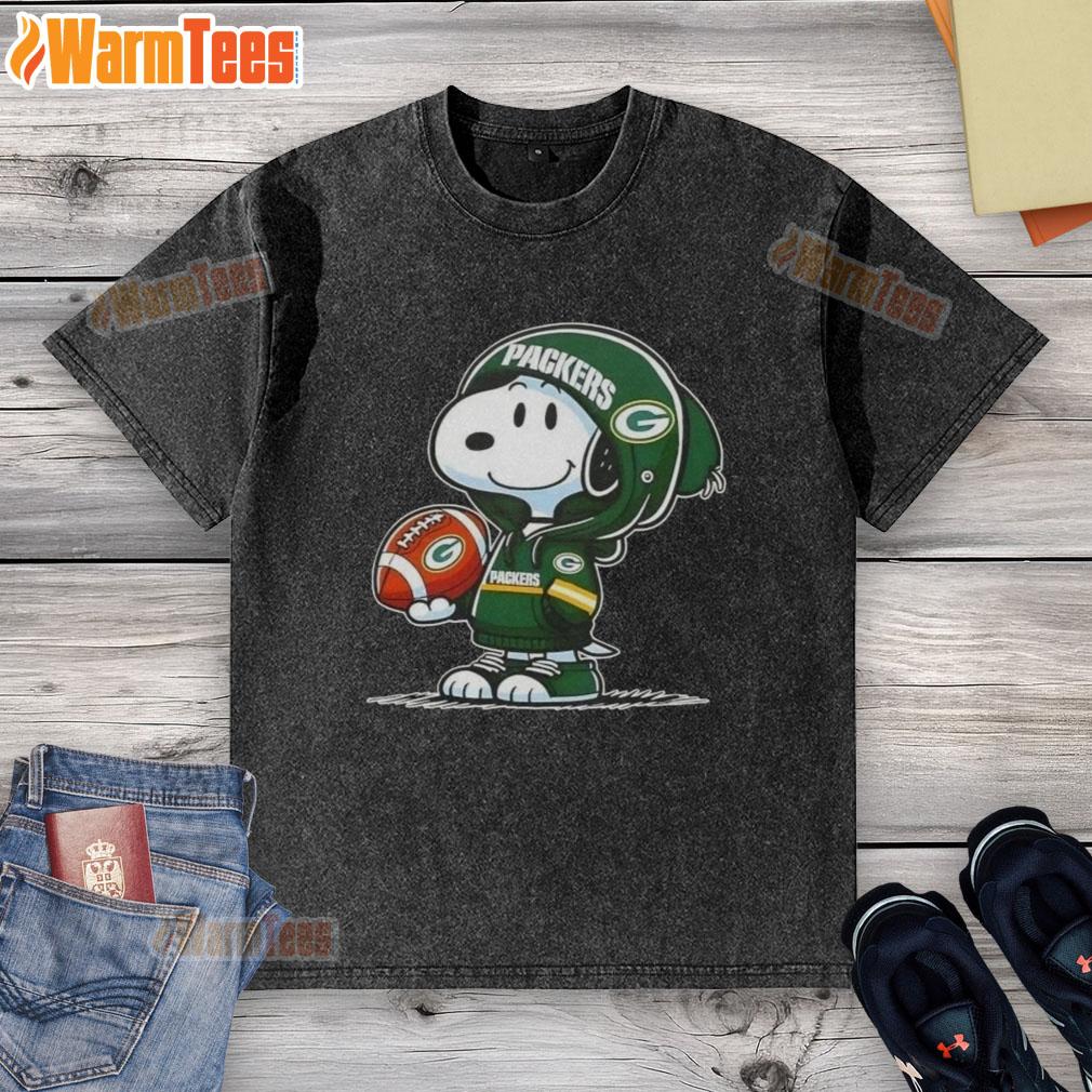 Good Peanuts Snoopy wearing a Green Bay Packers hoodie, smiling at fans on a washed t-shirt design.