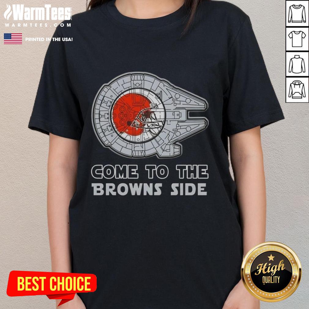Happy Star Wars Come to the Cleveland Browns Side ladies tee featuring a fun design for fans of both franchises.