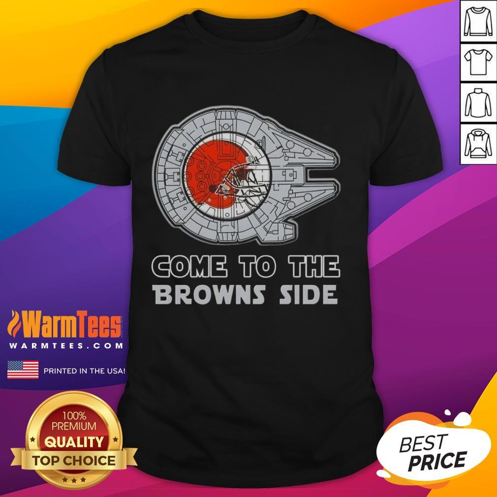 Happy Star Wars Come To The Cleveland Browns Side T-Shirt featuring iconic characters supporting the Browns in a fun design.