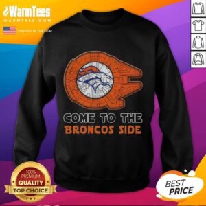 Happy Star Wars Denver Broncos side sweatshirt featuring iconic characters and team colors for fans.