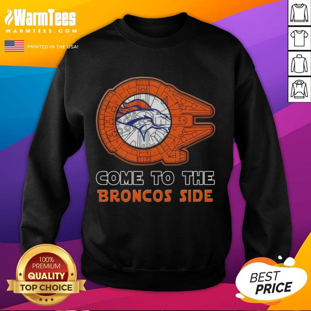 Happy Star Wars Denver Broncos side sweatshirt featuring iconic characters and team colors for fans.