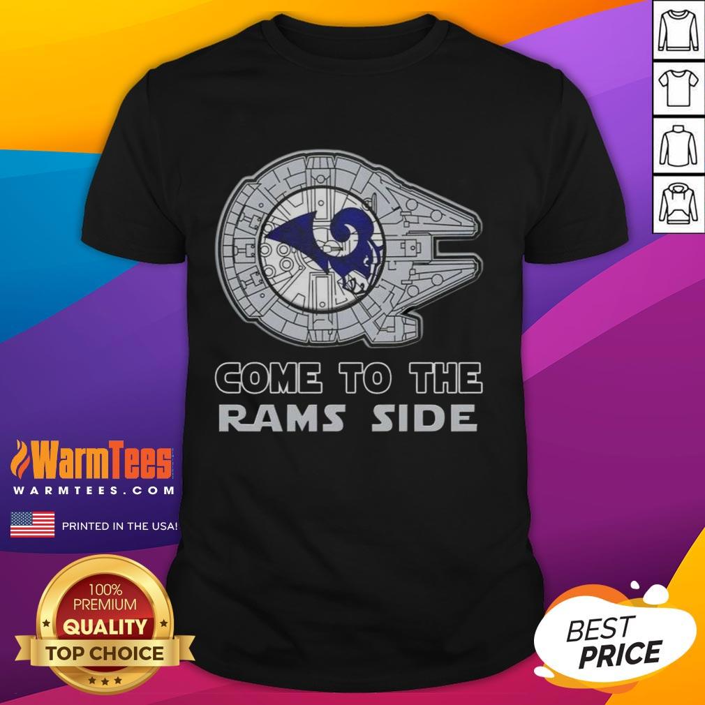 Happy Star Wars Come To The Los Angeles Rams Side T-Shirt featuring iconic characters and team colors for fans.