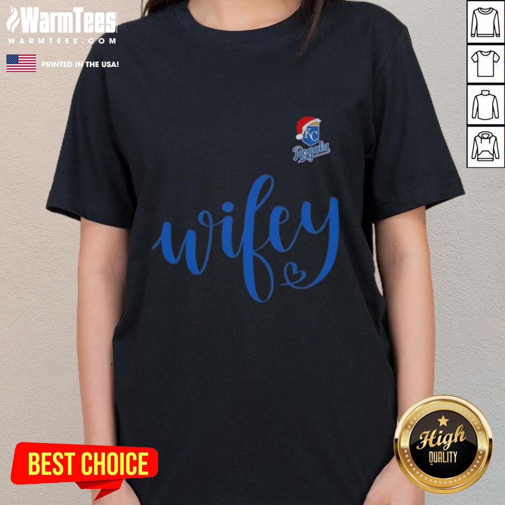 Happy Wifey Kansas City Royals Santa Hat Merry Christmas Ladies Tee featuring festive design and team spirit.
