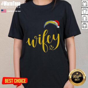 Happy Wifey Los Angeles Chargers Santa Hat Merry Christmas Ladies Tee, perfect festive gear for Chargers fans.
