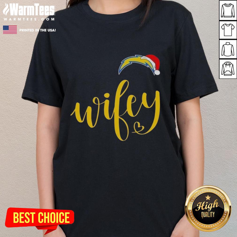 Happy Wifey Los Angeles Chargers Santa Hat Merry Christmas Ladies Tee, perfect festive gear for Chargers fans.