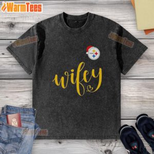 Happy Wifey wearing a Pittsburgh Steelers Santa hat on a Merry Christmas washed t-shirt, celebrating the festive season.
