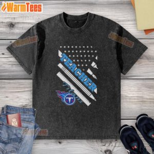 Alt Text: Hot Tennessee Titans football t-shirt featuring a teacher design and American flag print, perfect for fans.