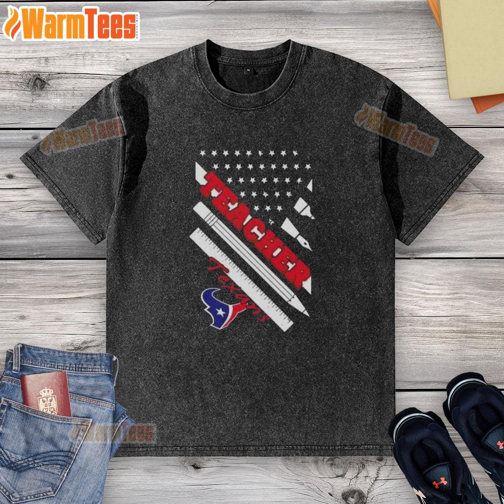 Alt Text: Nice Houston Texans football X teacher American flag washed t-shirt in vibrant colors, perfect for fans.