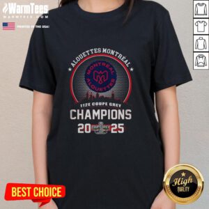 Montreal Alouettes 2025 Grey Cup Champions ladies tee featuring the iconic city skyline design.