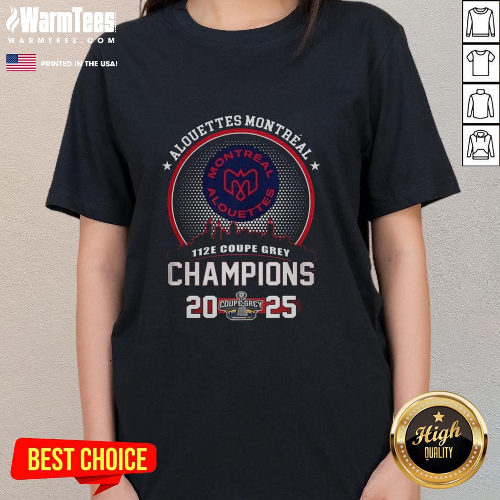 Montreal Alouettes 2025 Grey Cup Champions ladies tee featuring the iconic city skyline design.