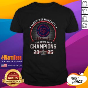 Montreal Alouettes 2025 Grey Cup Champions t-shirt featuring the city skyline design in vibrant colors.